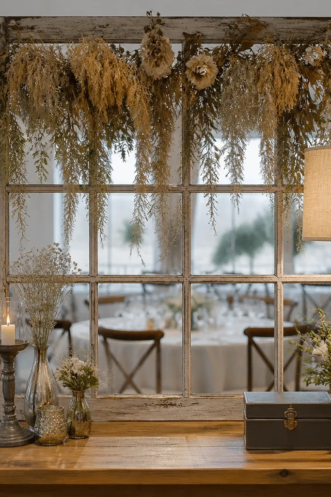 Old window frame with dried florals hanging from twine