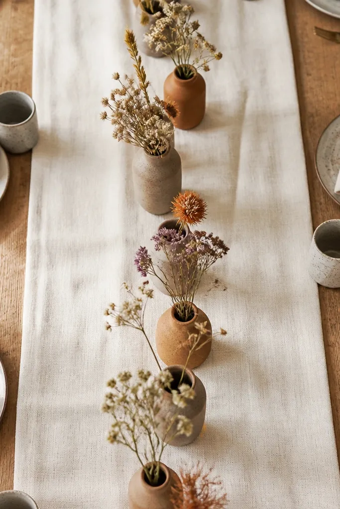 Stoneware bud vases with dried flowers arranged along a long table runner