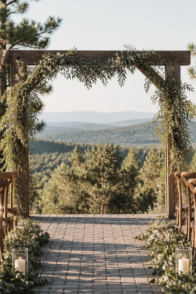 Cedar arch draped with dried greenery garland for a ceremony backdrop