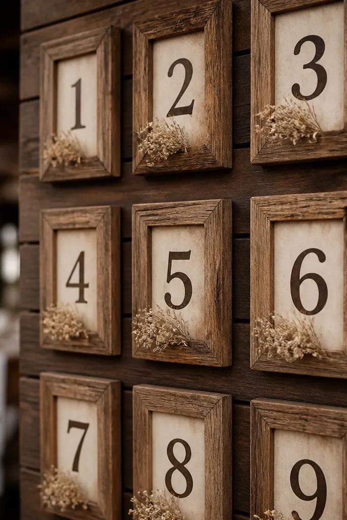 Wood slats holding table numbers with simple frames and warm neutral styling