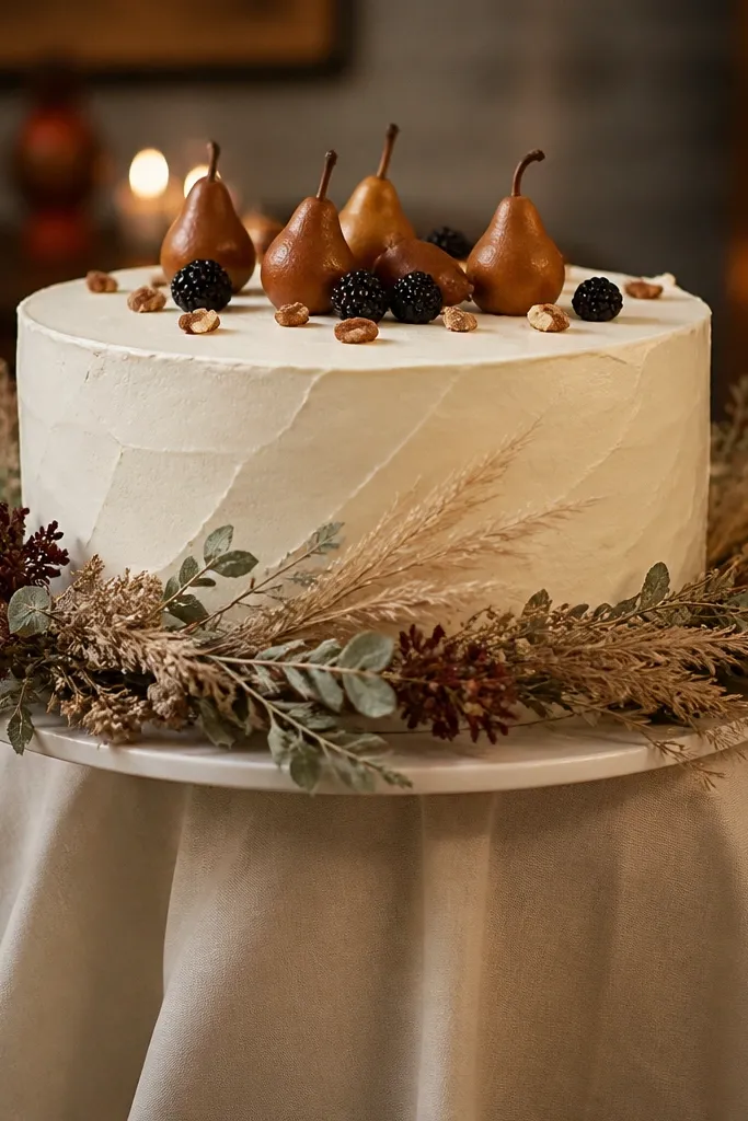 Cake stand wrapped with linen and topped with dried stems