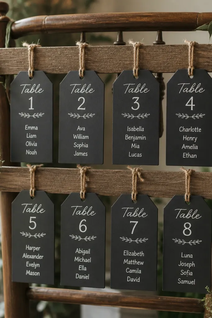 Chalkboard tags tied with twine on rustic seating place cards