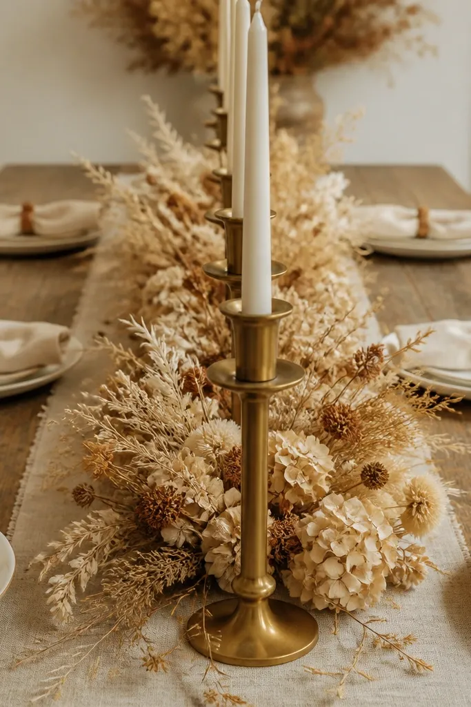 Dried floral runner with a row of brass candle holders down the center