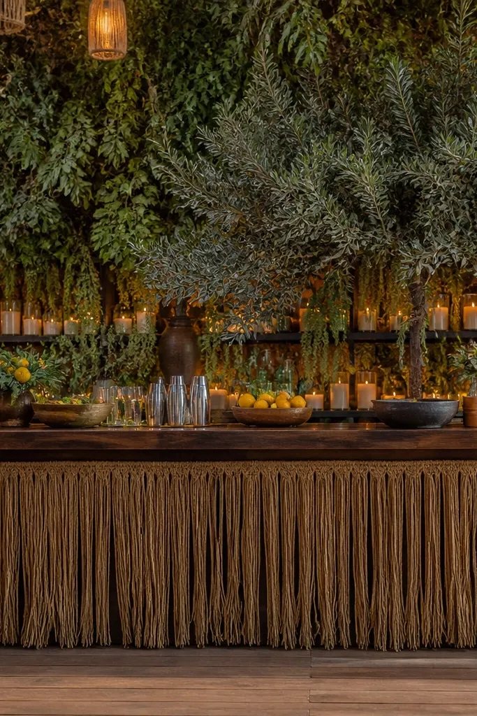 Greenery bar backdrop with jute fringe and simple signage