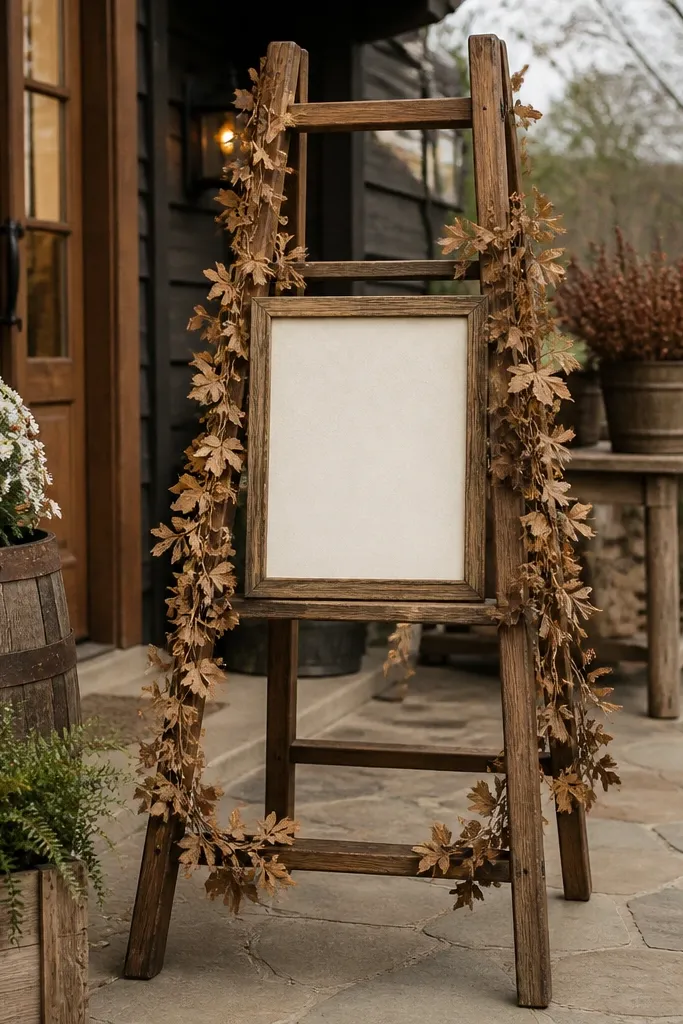 Welcome sign on a wooden ladder with dried leaf garland