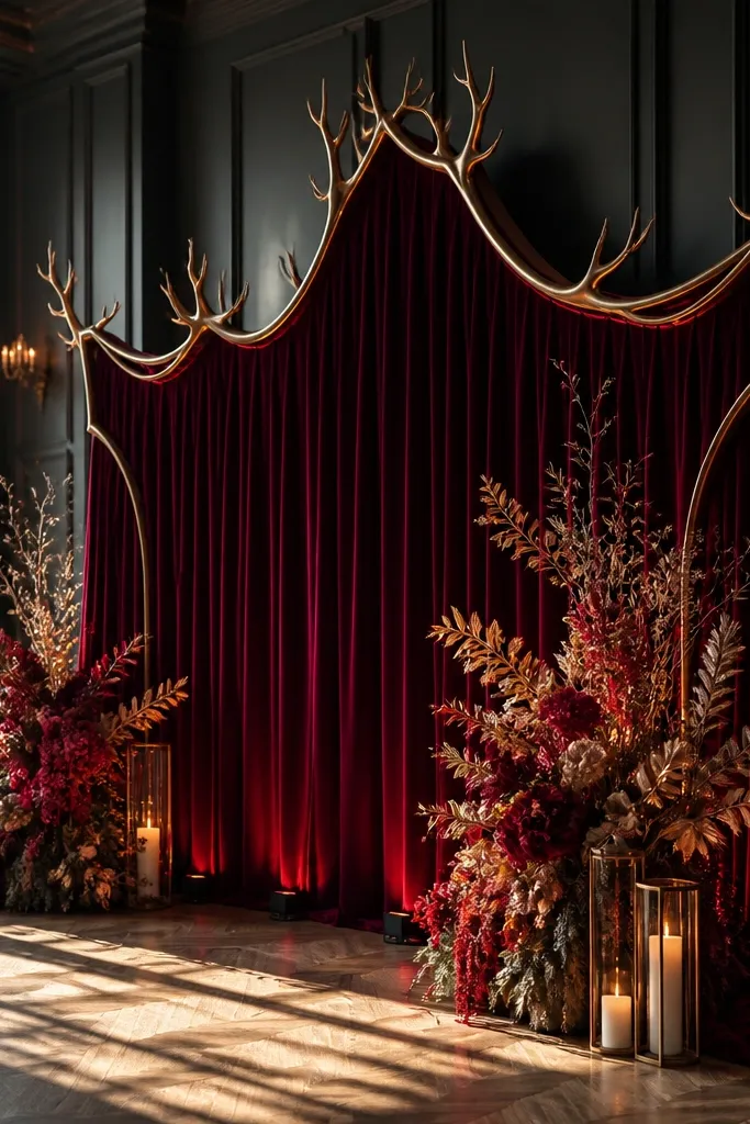 Deep burgundy velvet drape behind a gold crown-shaped frame