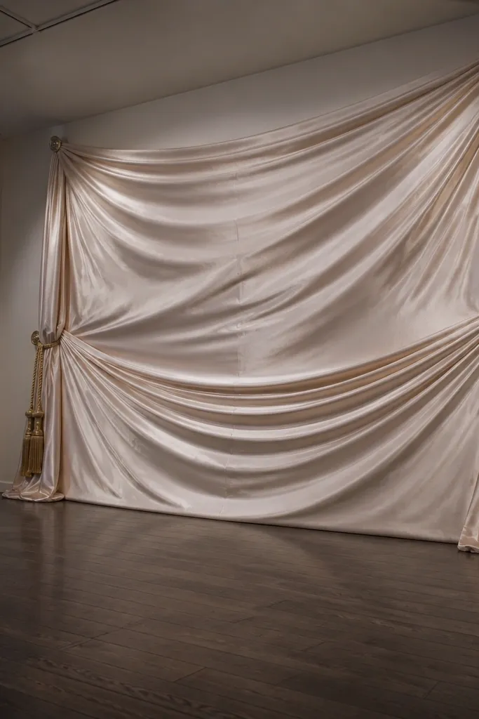 Champagne satin stage drapes with rope tassels at the corners