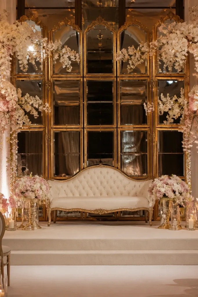 Gold mirror panels behind a stage with soft white floral spill