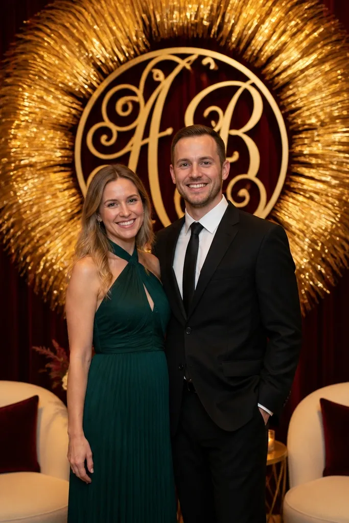 Gold monogram medallion surrounded by a fringe halo backdrop