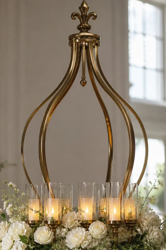 Antique brass chandelier frame with candle rings around the stage