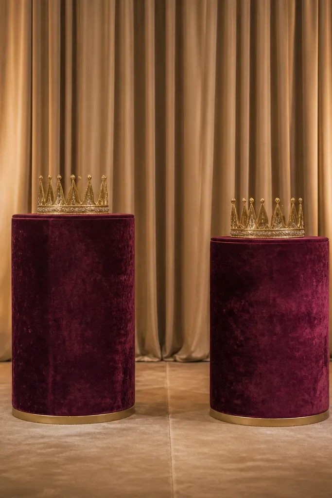 Two velvet-topped pedestals on either side of a stage backdrop