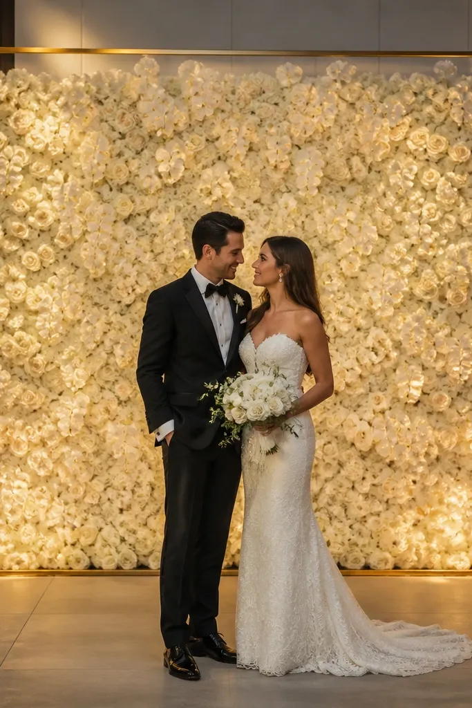 Antique white flower wall outlined with thin gold frame around the stage