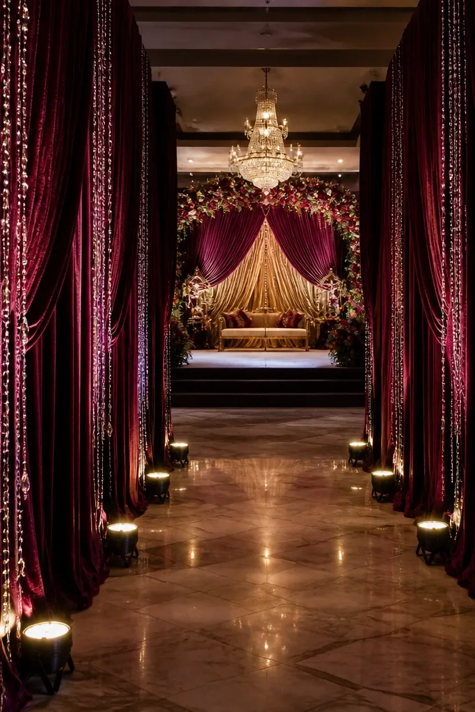 Draped side panels with crystal-like hanging drops framing a stage