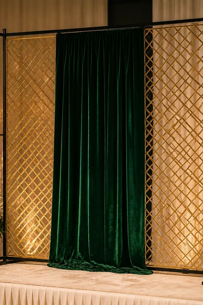 Gold lattice pattern backdrop with a velvet center panel behind stage
