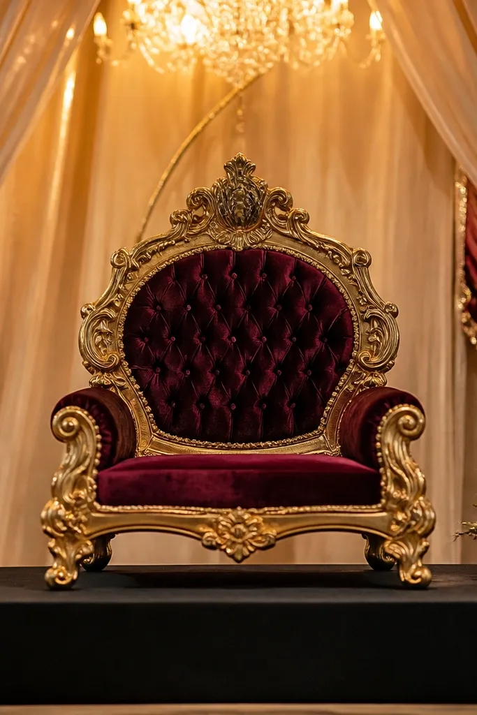 Mini throne-like props with gold details on a stage platform