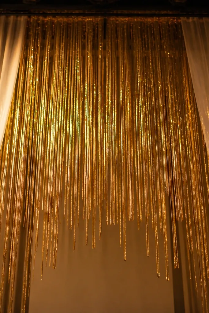 Gold fringe curtain hanging behind the couple on a stage