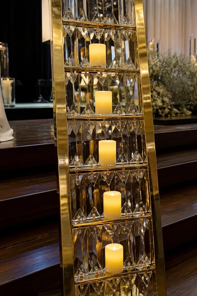 Candle ladder decor with crystal accents and gold side rails