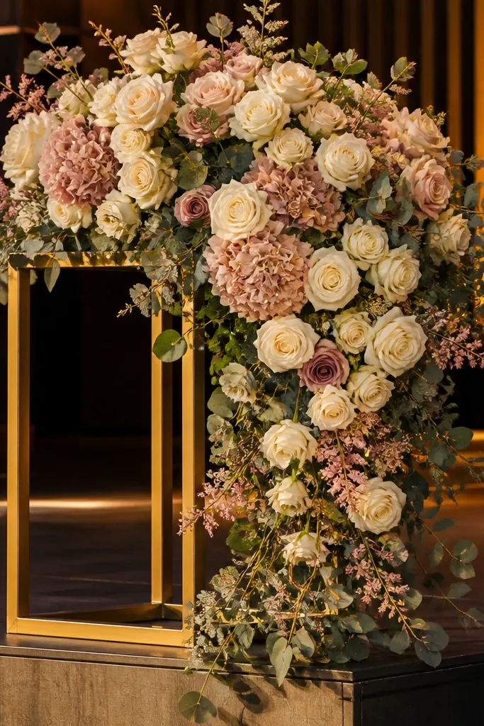 Silk flower cascade over a gold frame base on the stage