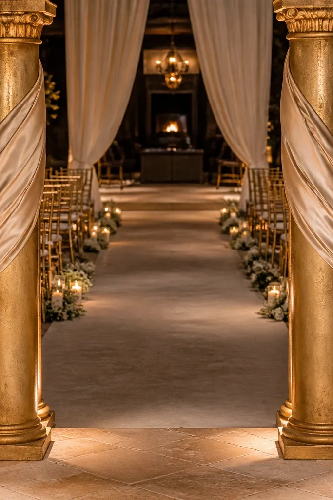 Two gilded columns with draped sashes framing the stage