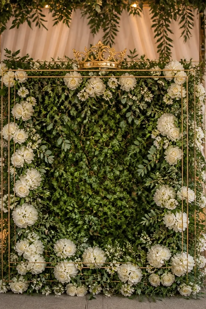 Floral frame with a crown top and a gold thread border around stage