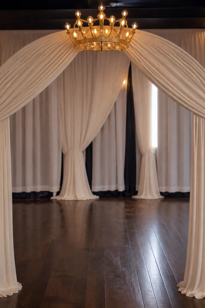 Fabric panel arch with crown-shaped lights behind a stage