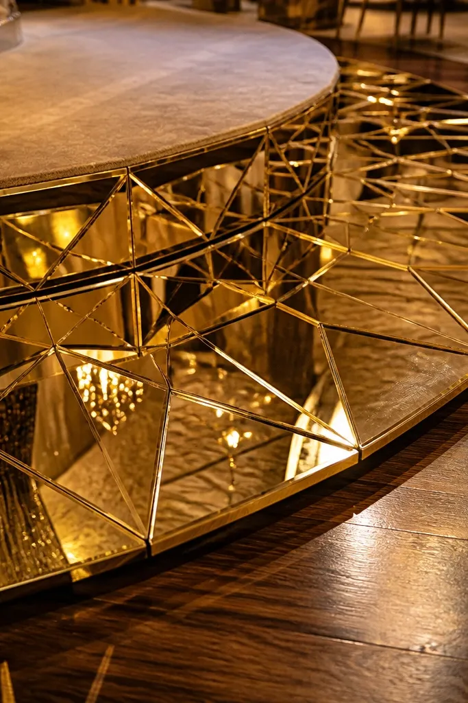 Gold geometric mirror tiles arranged on stage floor near backdrop