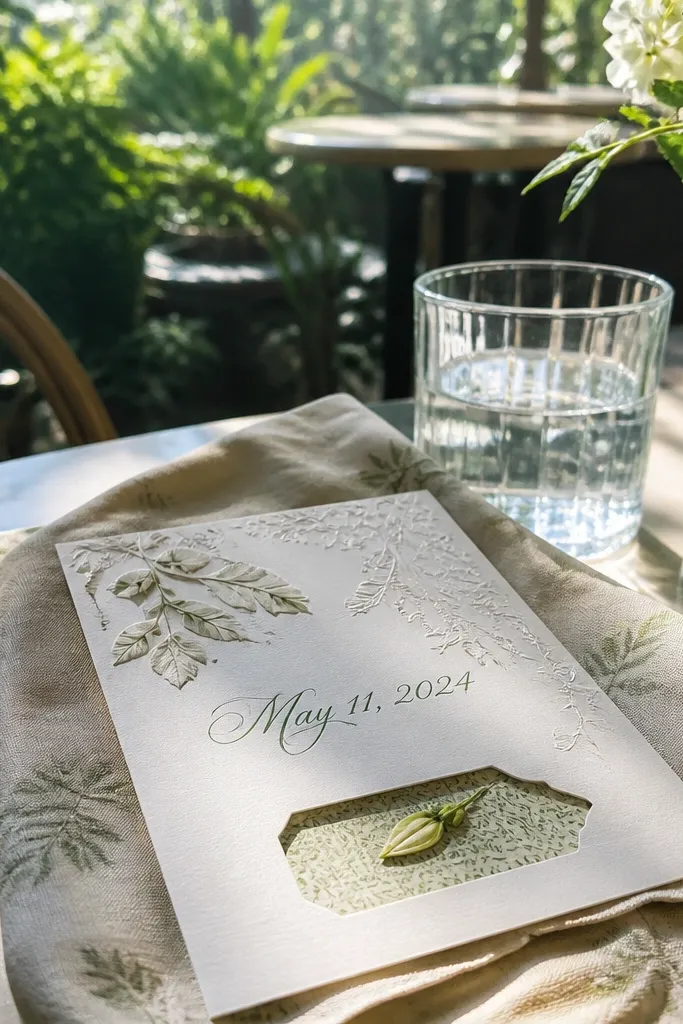 Green botanical invite with flowing script date and a large RSVP deadline box