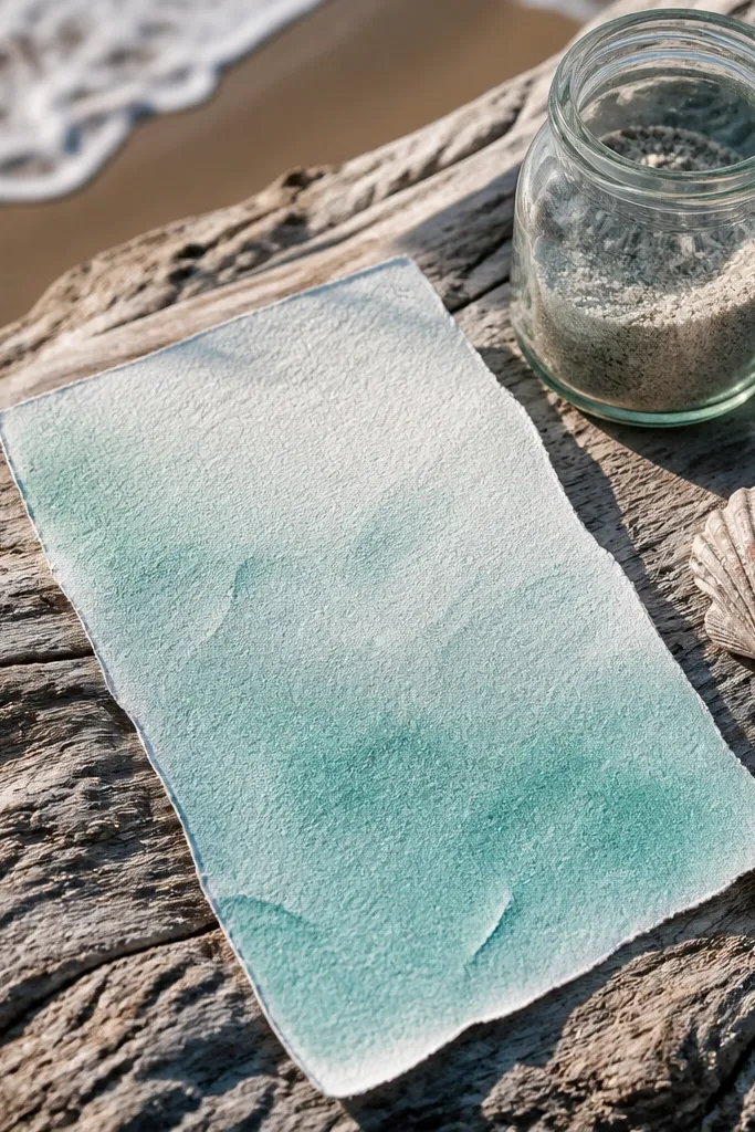 Soft sea-glass gradient invite with airy typography and a single-line RSVP