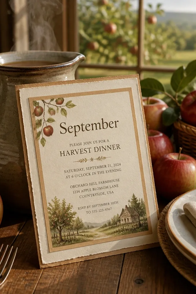 Autumn orchard illustration with framed layers and clear RSVP date placement