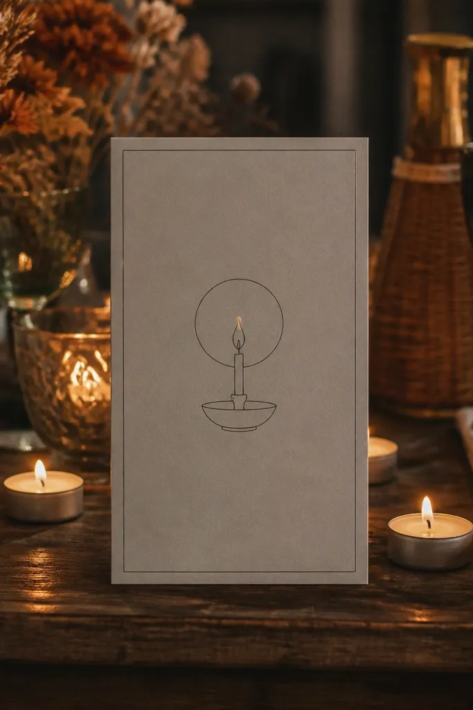 Warm gray minimalist invite with candle icon line art and clean RSVP block