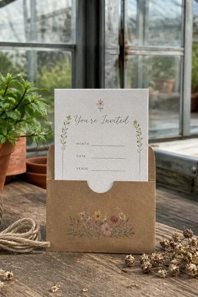 Seed packet style invite with spring labels and a bold RSVP deadline
