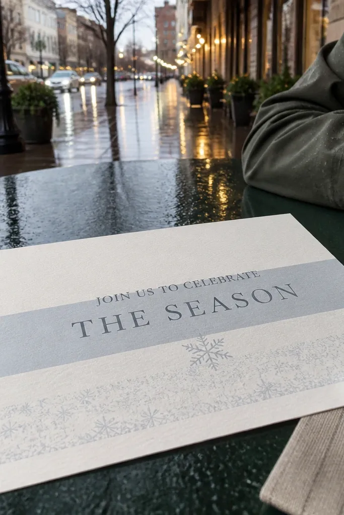 Soft gray-blue invite with horizontal bands and a clean RSVP section