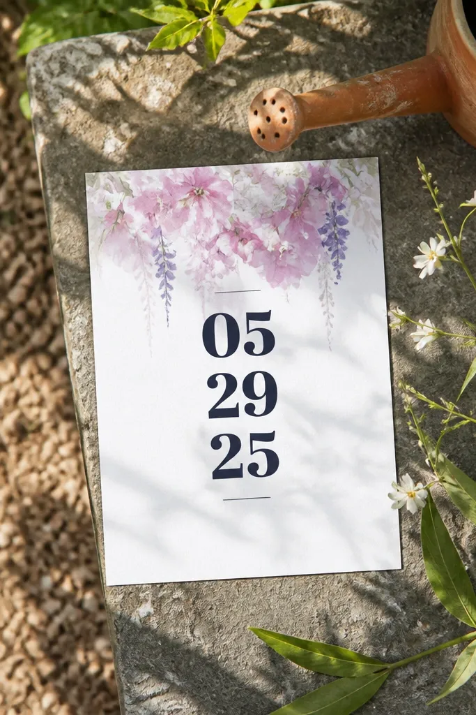 Watercolor blossom top with large May date block and simple RSVP line