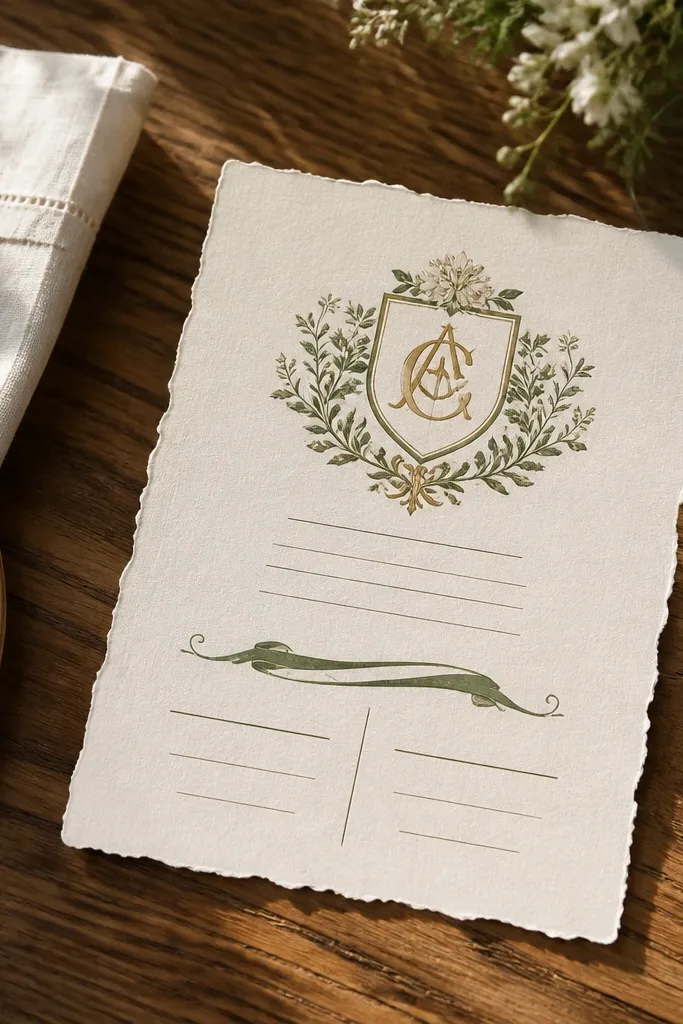 Small crest emblem with ribbon divider and neatly spaced RSVP details