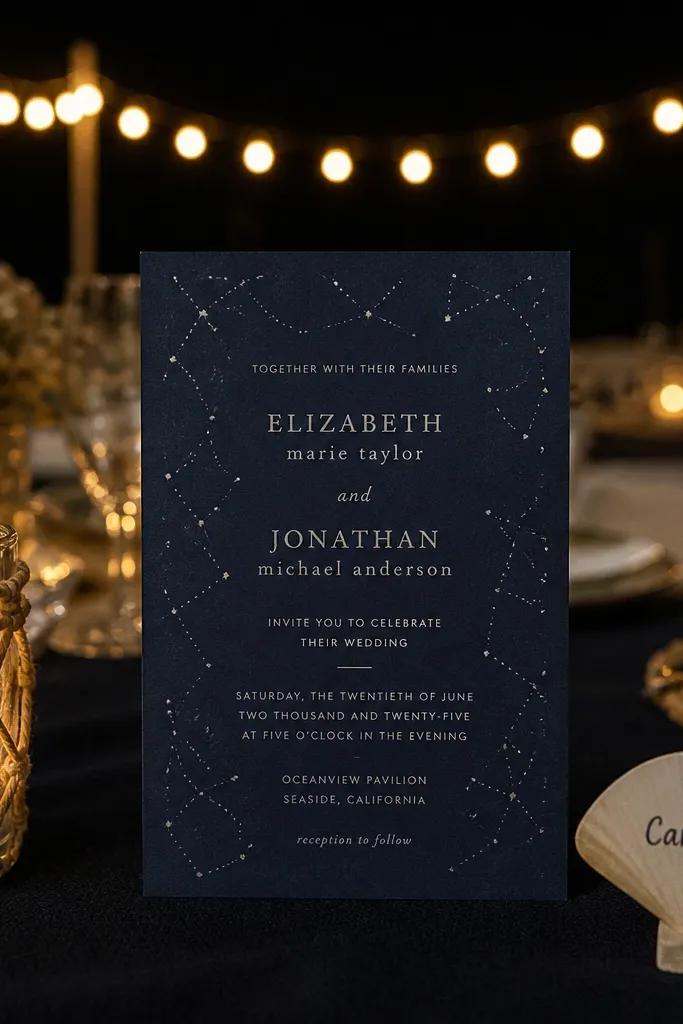 Midnight blue invite with constellation dots and a bright RSVP deadline