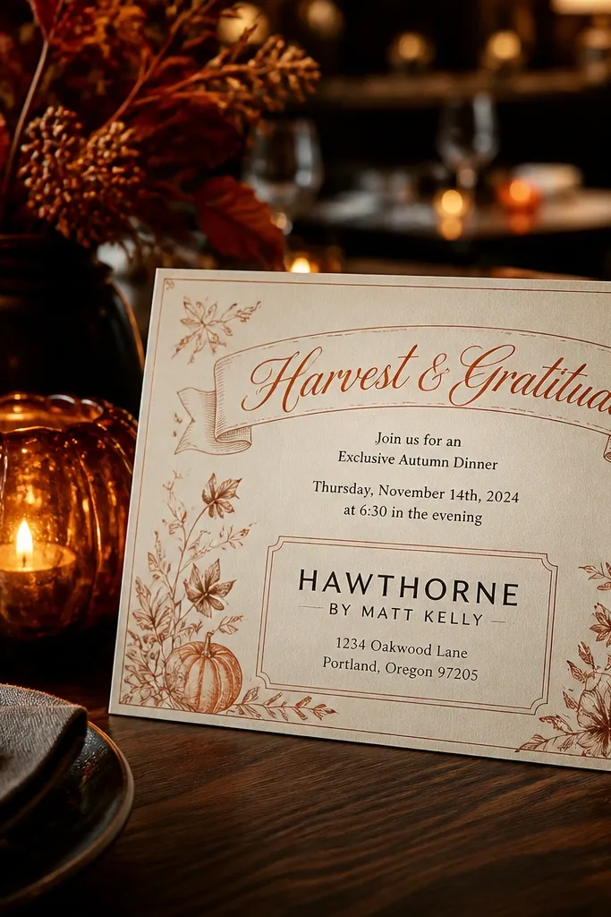 Brown calligraphy banner with a spotlight box around the venue name and RSVP date