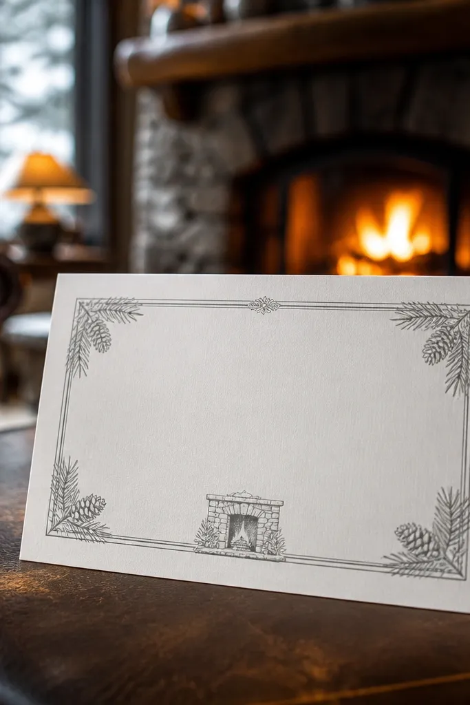 Monochrome invite with a thin fireplace border and crisp RSVP block