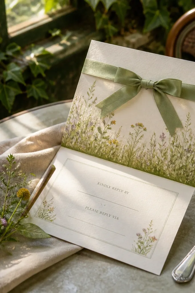 Green meadow ribbon invite with two-line RSVP section and airy spacing