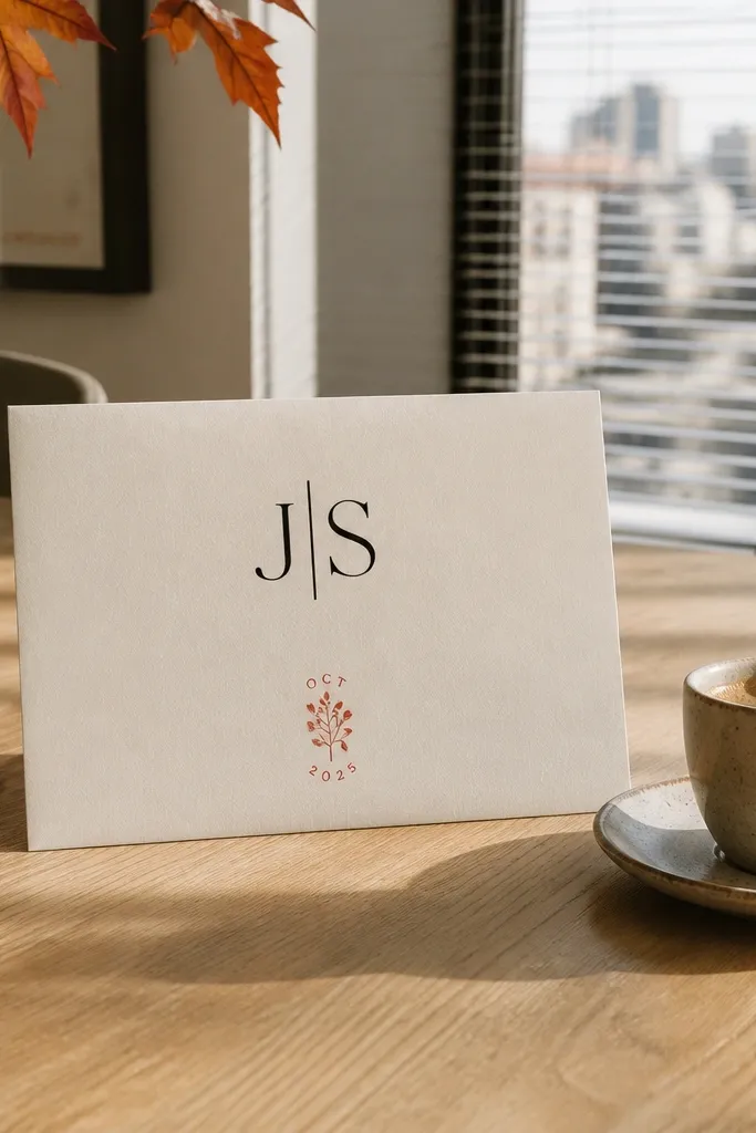 Minimal monogram invite with a stamped month label and clear event lines