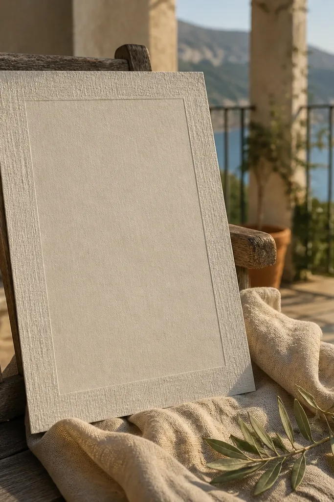 Light beige linen-texture invite with a simple border and bold RSVP deadline