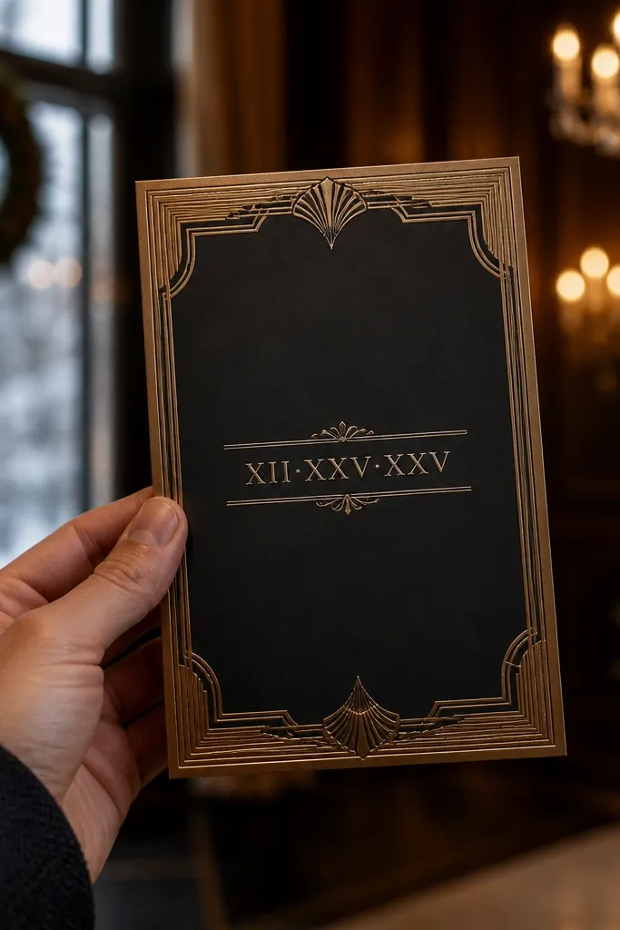 Black and gold art deco frame with roman numeral date and centered RSVP