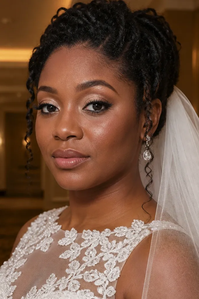 Champagne shimmer lid with soft cocoa shadow in the outer corner and winged brown-black liner