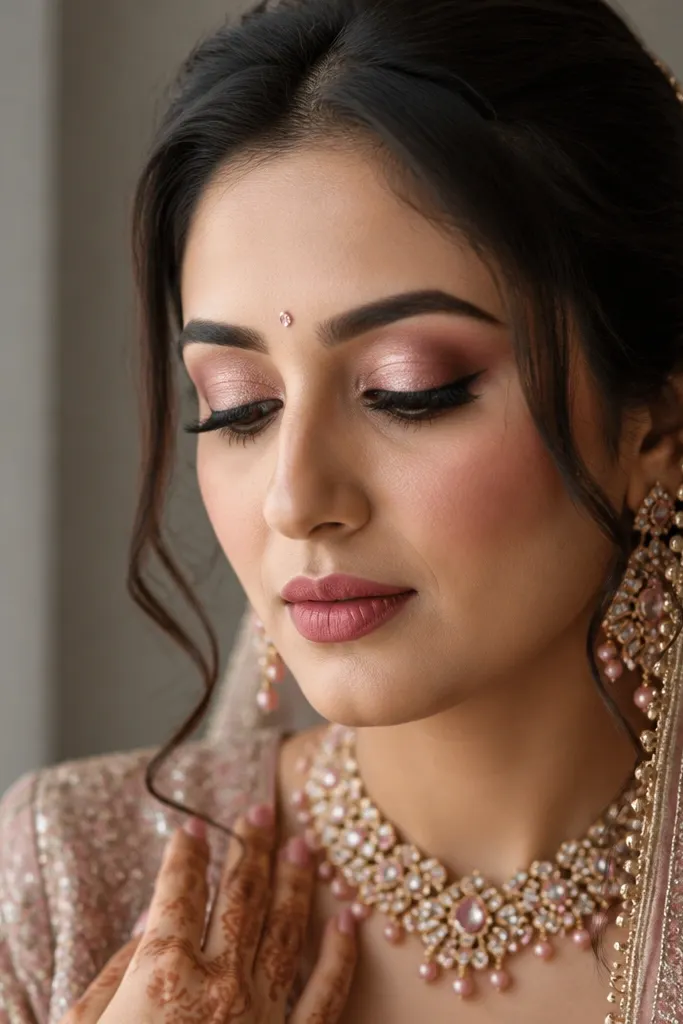 Soft blush-pink shimmer lid with rose brown smoked liner and feathery lashes