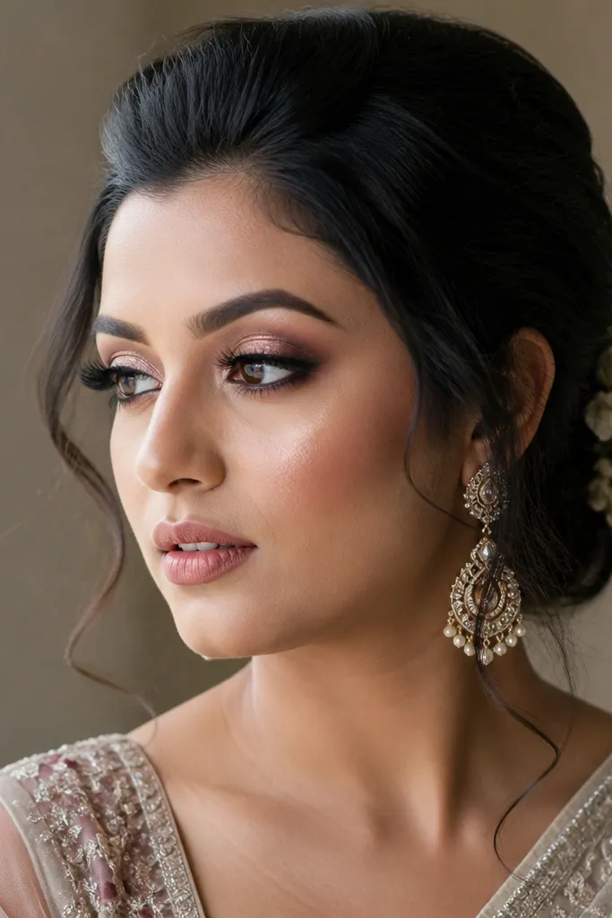 Mauve blended crease with a copper metallic center lid and defined brown lash line