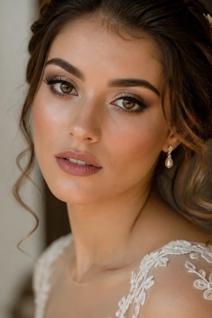 Iced champagne highlight at the inner corner with an espresso V shape in the outer crease