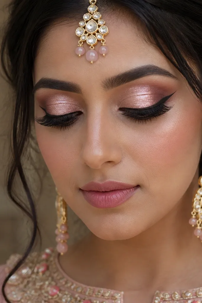 Rose quartz shimmer cut crease with a crisp brown-black liner and soft blended edges