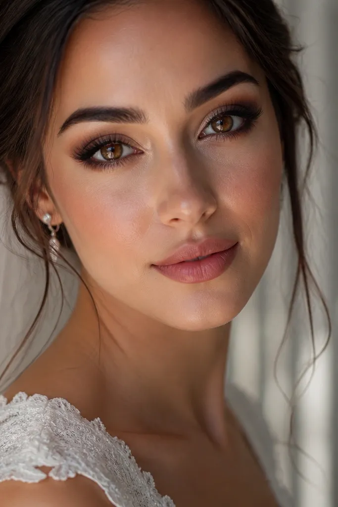 Chocolate brown smoky lid blending into warm taupe crease with defined lashes