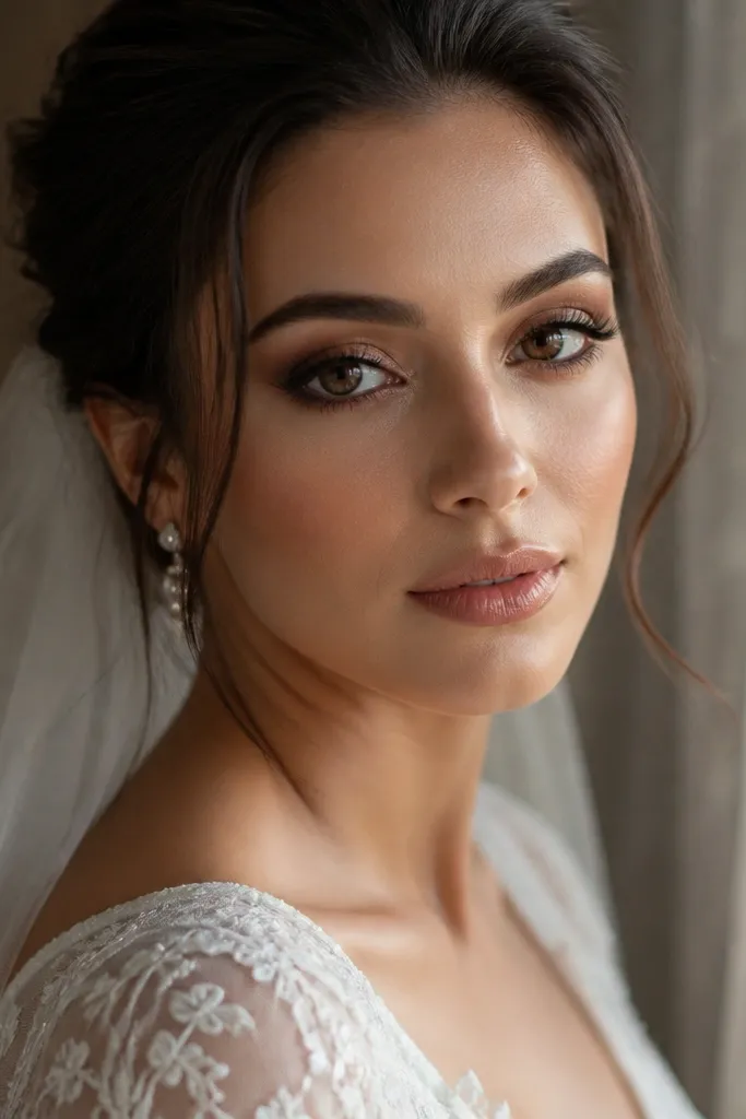 Champagne smoky eye with feathered lower lash line and soft brown liner