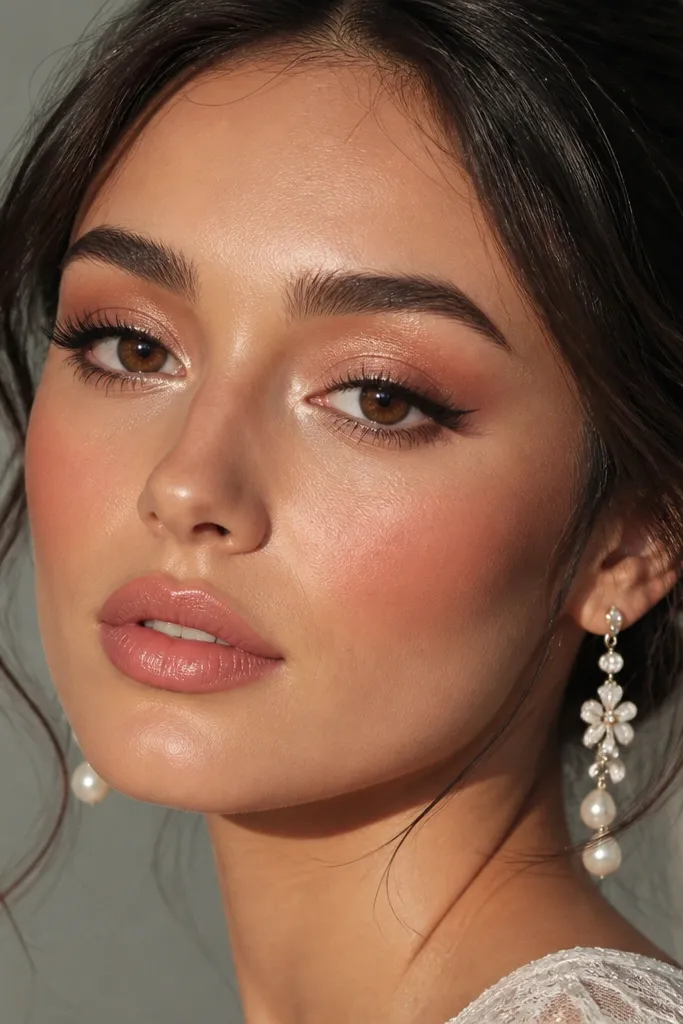 Satin rose lid, thin brown wing liner, and a small teardrop sparkle at the inner corner