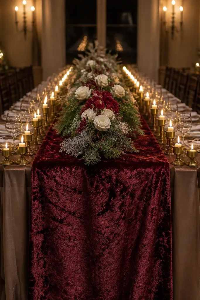 Burgundy velvet runner with brass candlesticks and small burgundy florals along the head table